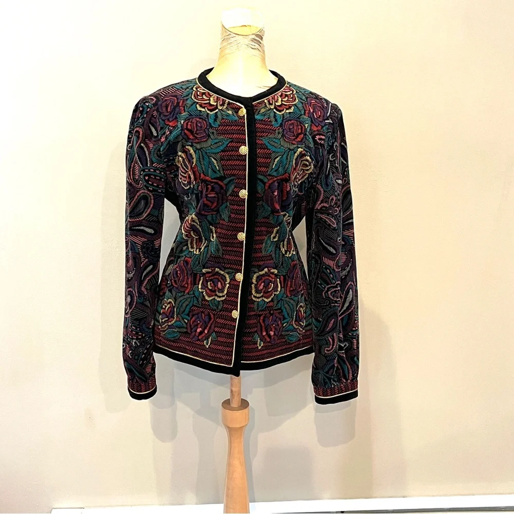 Vintage Japan Velvet Artsy Floral Blazer Jacket Gold Button Roses Sz 10 Black - Picture 6 of 12